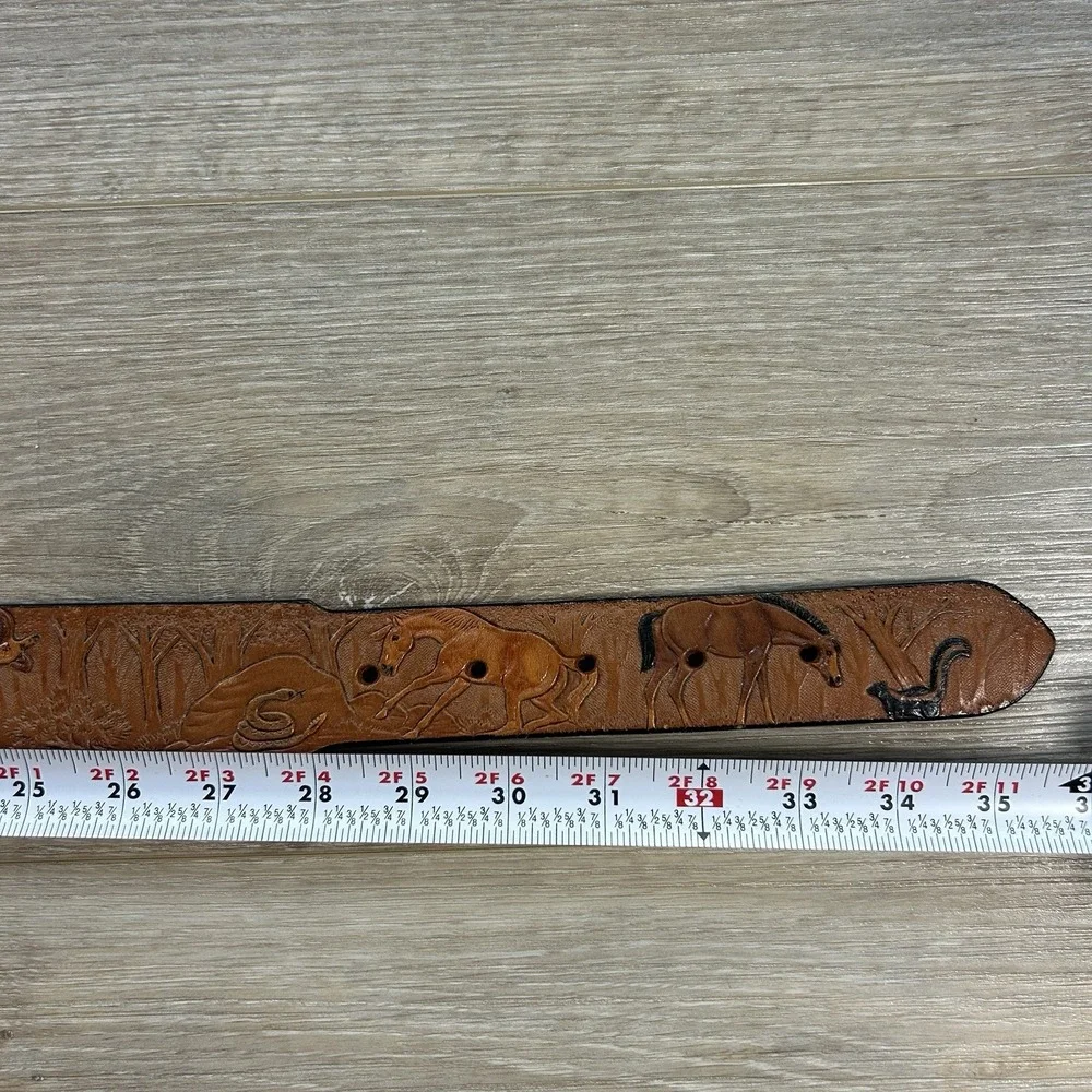 Belt Factory Brown Tooled Leather Belt Size 30 Horse Western Brass Buckle
